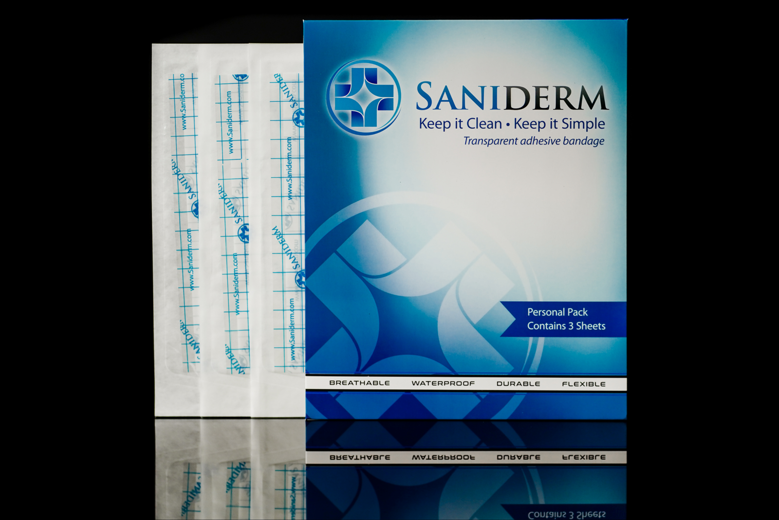 Saniderm 6 in by 8 in tattoo aftercare bandage personal pack product image.