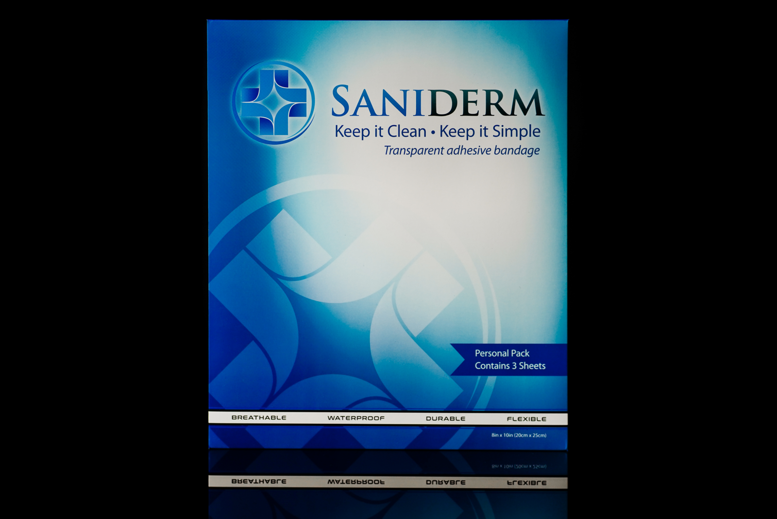 Saniderm 8 in by 10 in tattoo aftercare bandage personal pack product image.