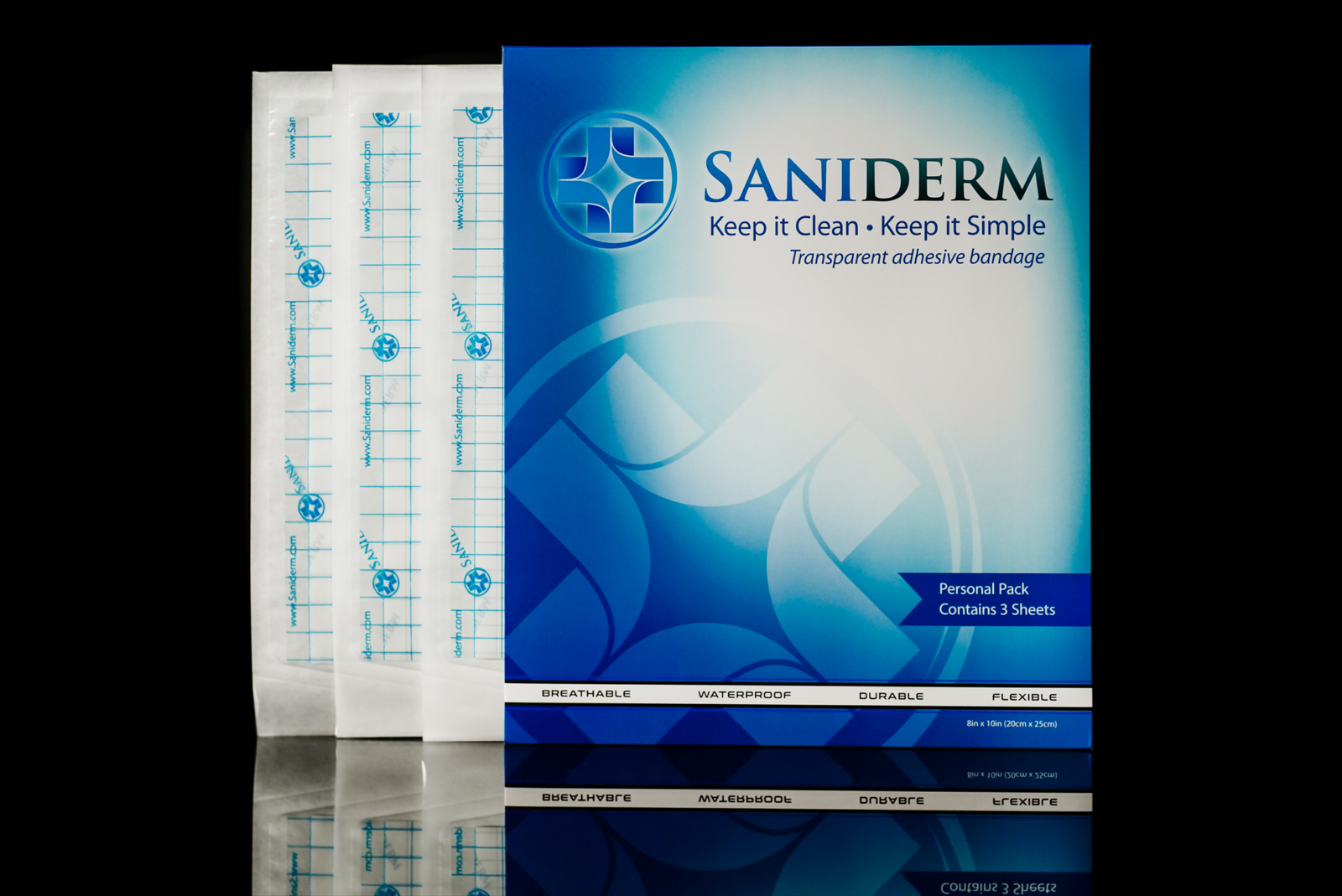 Saniderm 8 in by 10 in tattoo aftercare bandage personal pack product image.